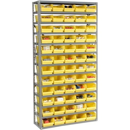 Global Industrial Steel Shelving with 60 4inH Plastic Shelf Bins Yellow, 36x12x72-13 Shelves 603440YL